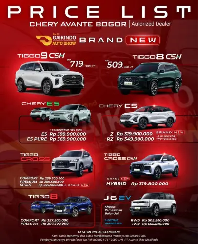 Pricelist Harga Chery senayan 2025